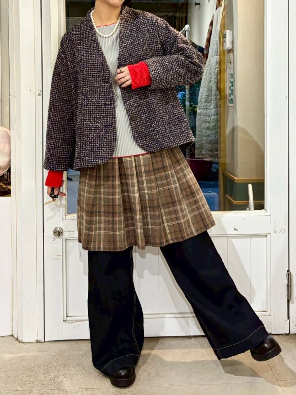 前短後長千鳥格紋開襟落肩毛呢外套 