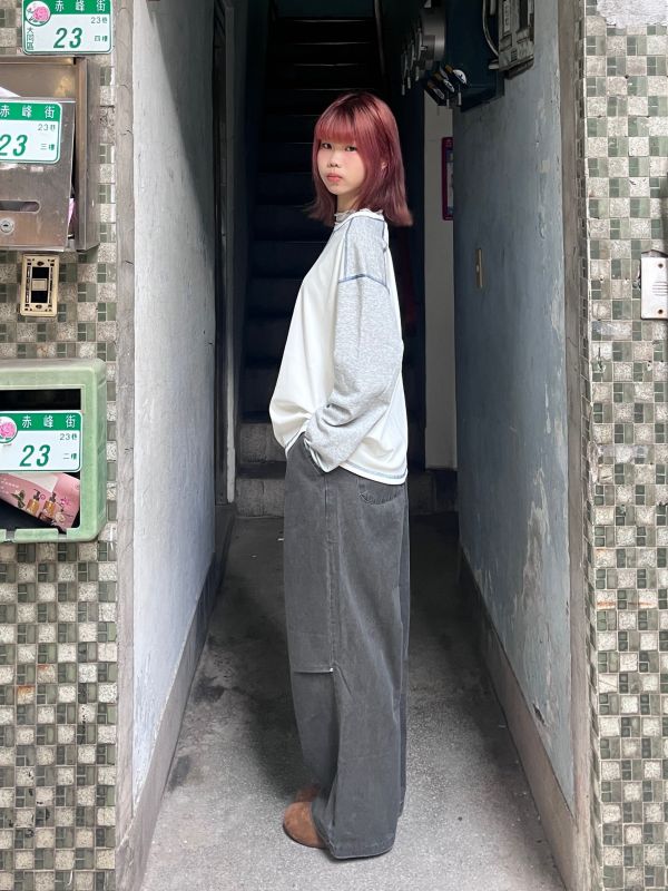 深灰綁帶牛仔打褶長褲 