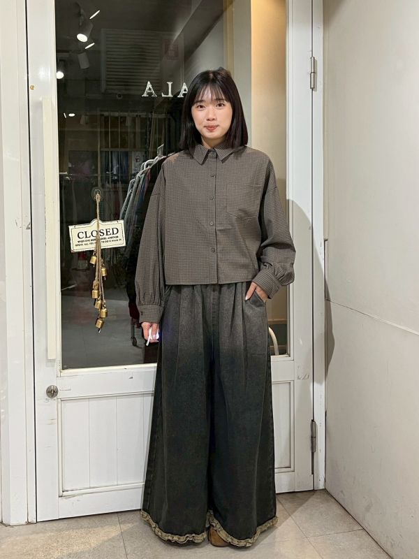 咖色短版細格紋胸前口袋襯衫 