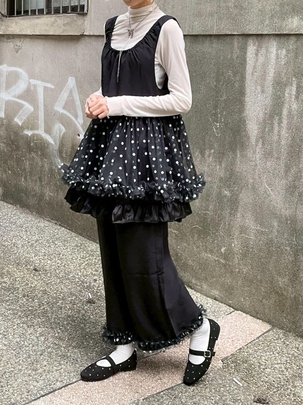 拼接波點雙層紗紗寬肩帶背心 