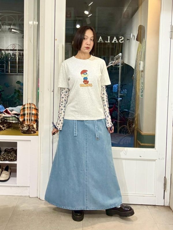 鬆緊腰A字牛仔裙附腰帶 