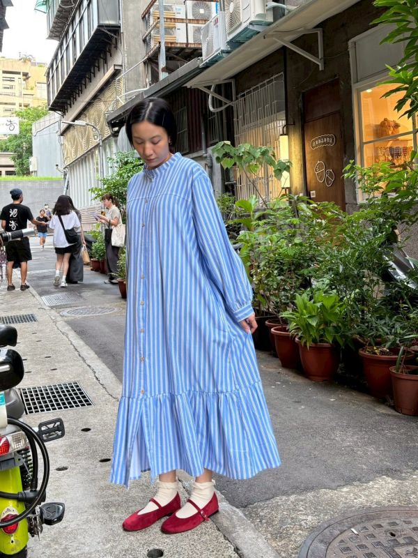中山立領條紋魚尾下擺長洋裝 