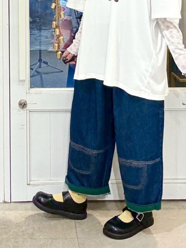 褲腳反折拼接繭型九分褲牛仔寬褲 