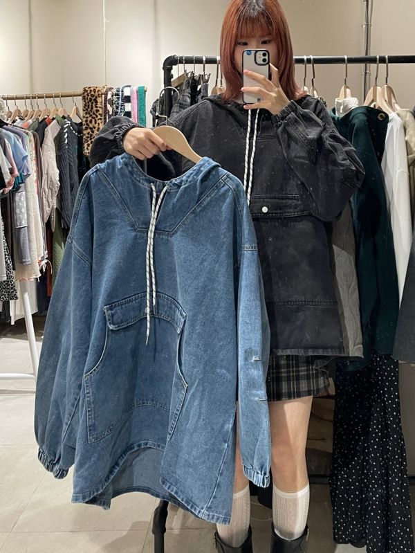 前短後長連帽抽繩大口袋牛仔長袖上衣 