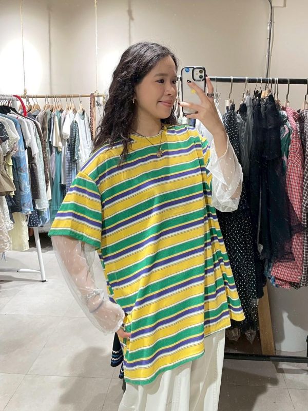 撞色條紋拼接波點假兩件落肩寬鬆上衣 