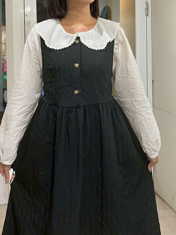 絎縫直紋胸前釦後綁帶長洋裝 