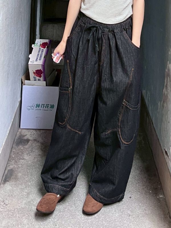 黑色鬆緊腰明線薄牛仔長褲 