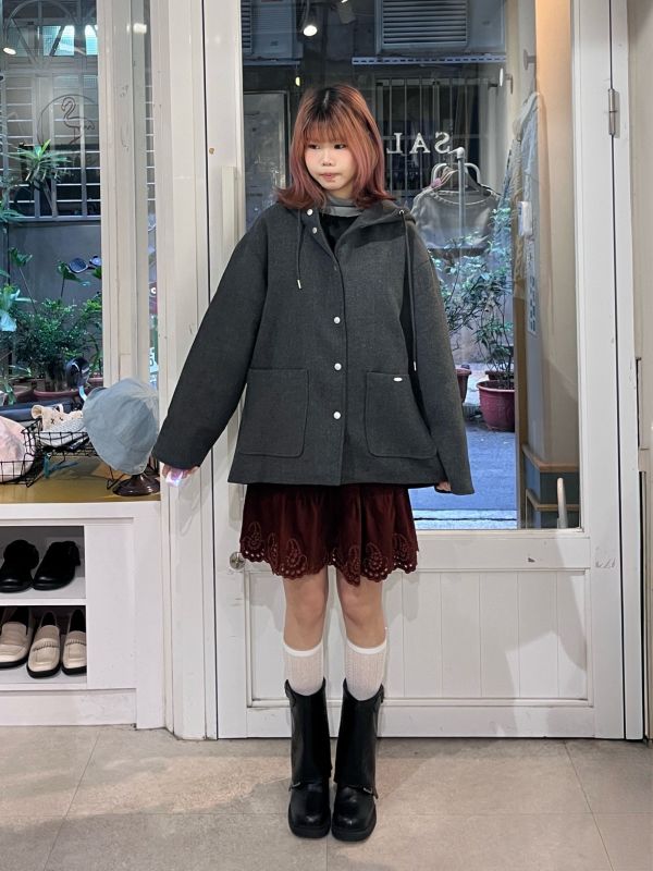 連帽抽繩格紋袖毛呢鋪棉外套 