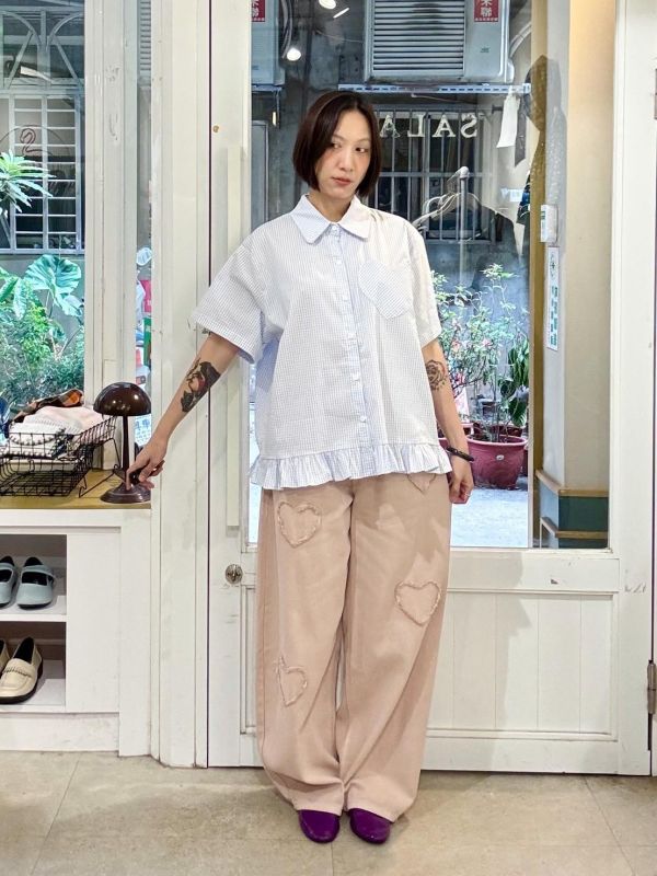 愛心口袋下擺木耳細格紋襯衫 