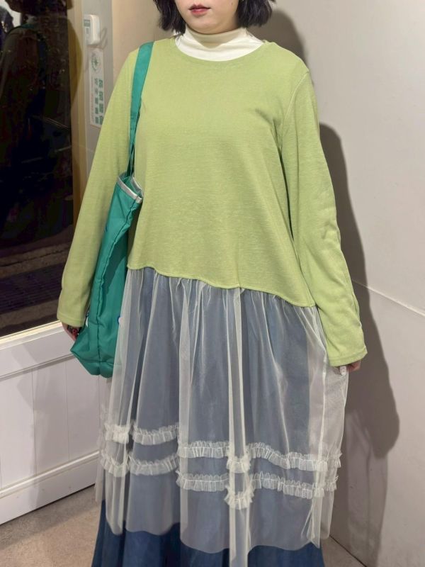 針織花釦長袖拼接滾邊紗洋裝 