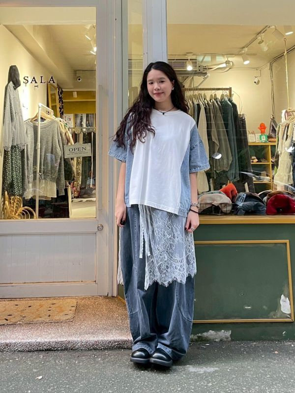 拼接造型牛仔寬鬆短袖上衣 