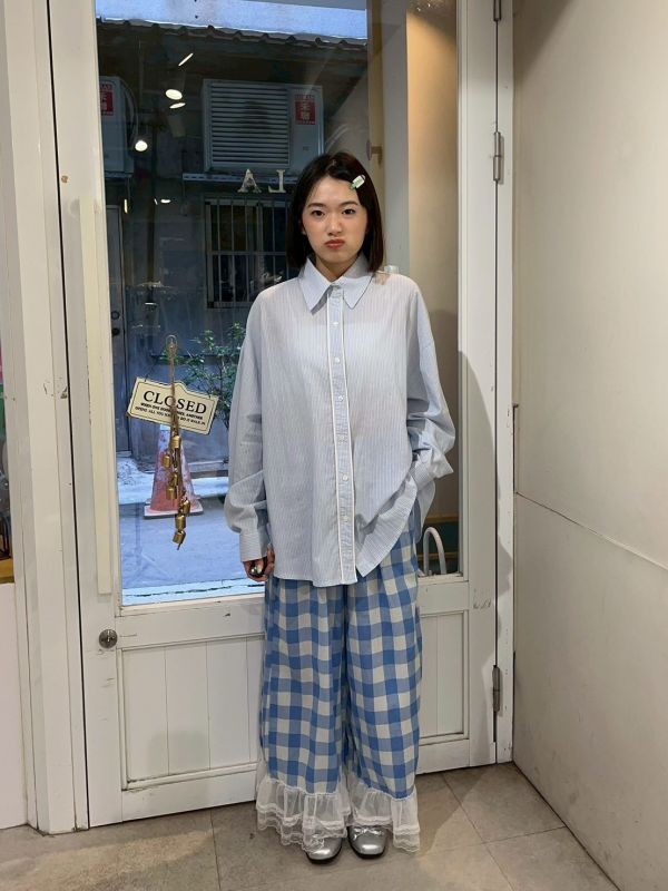 藍色格紋拼接蕾絲蛋糕褲管長褲 