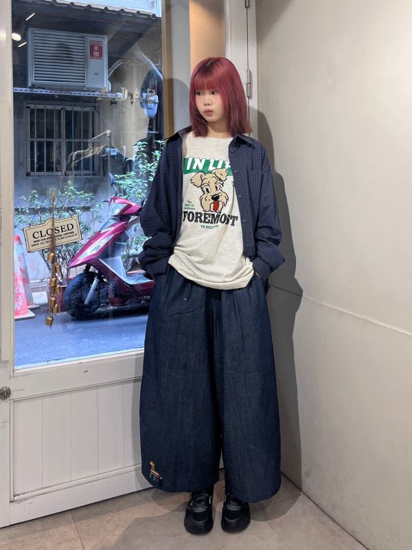 長頸鹿刺繡薄牛仔綁帶寬褲 