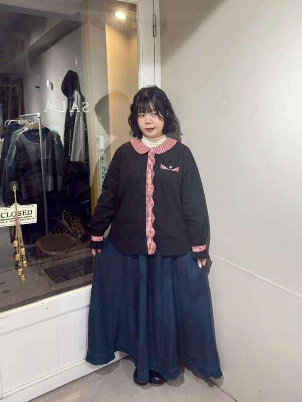 大格紋拼接荷葉下擺鬆緊腰傘裙 