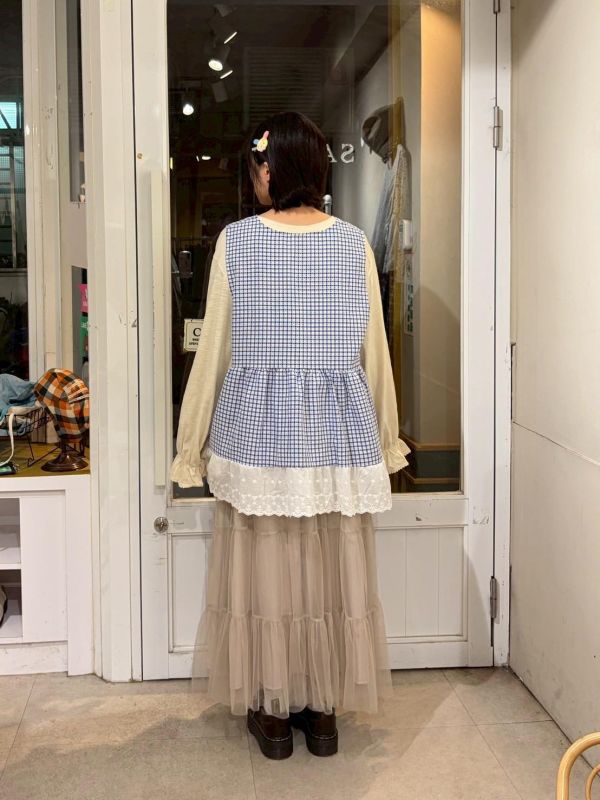 格紋拼接蕾絲下擺背心洋裝 