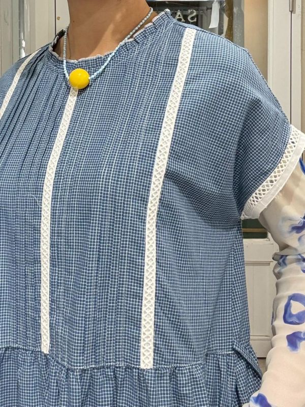 藍色細格子無肩線蕾絲滾邊袖蛋糕裙擺洋裝 
