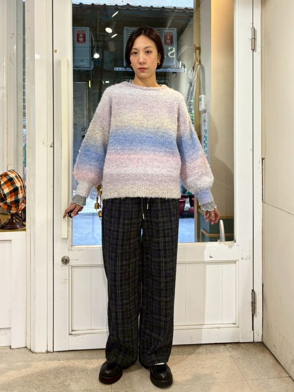 伸縮腰抽繩薄毛呢格紋褲 