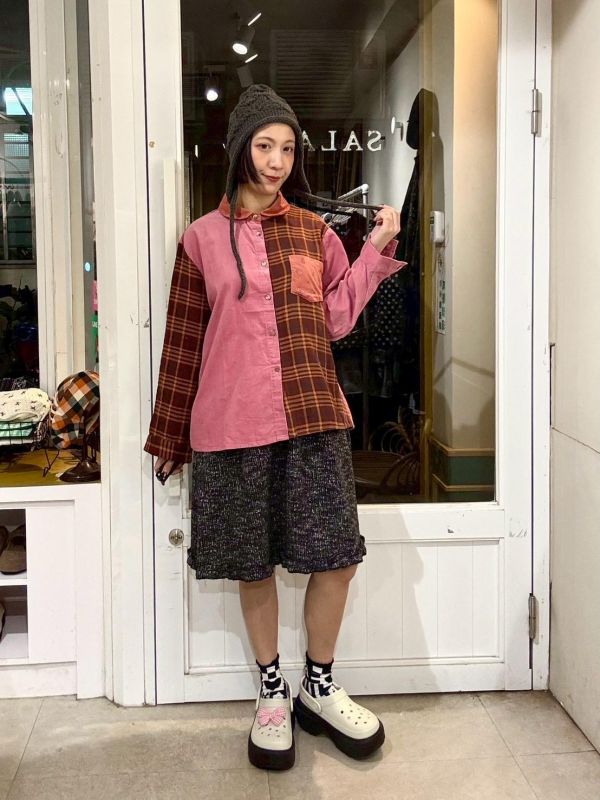 莓果色格紋拼接細燈芯絨碎花襯衫 