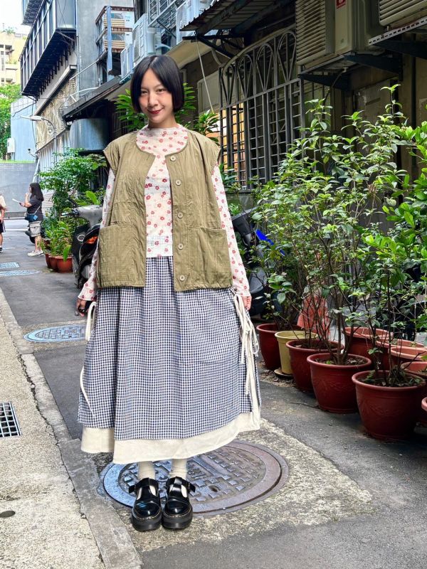 雙層格子兩側綁帶裙 