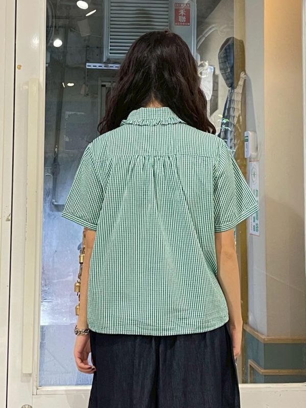 棋盤格荷葉滾邊翻領排扣短袖襯衫 