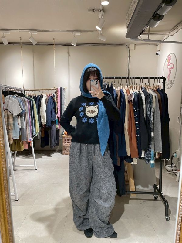 滿版花朵鬆緊腰抽繩打摺長褲 