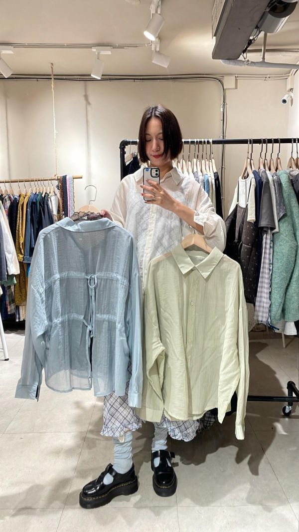 微透膚落肩後綁帶襯衫 