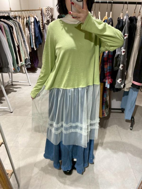 針織花釦長袖拼接滾邊紗洋裝 