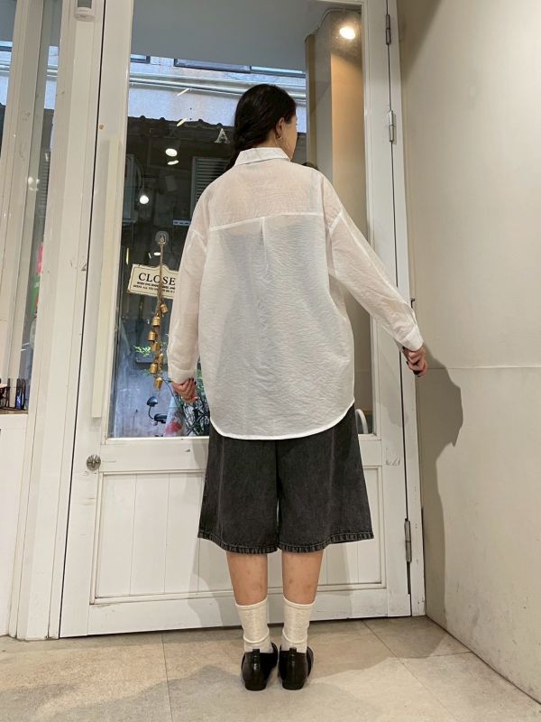 雙抽繩口袋透膚落肩長袖襯衫 