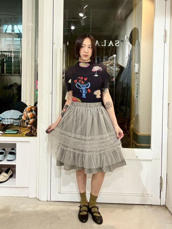 內層細格子外層蛋糕五分紗裙 