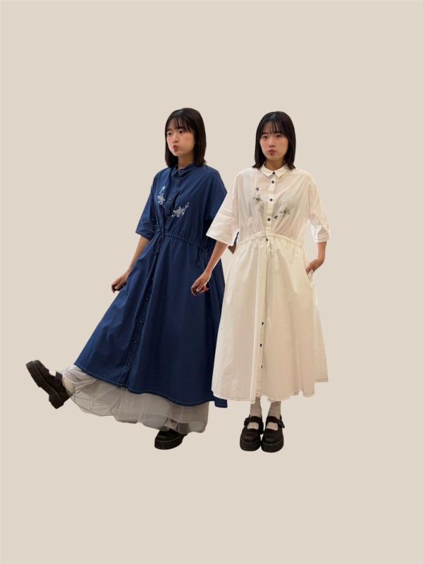 撞色刺繡花草襯衫洋裝 