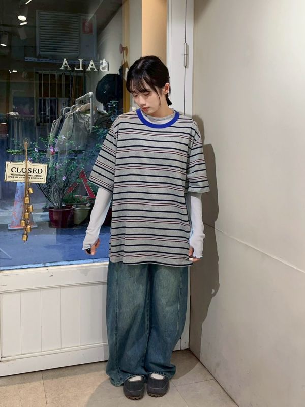 撞色圓領橫條紋寬鬆Tee 