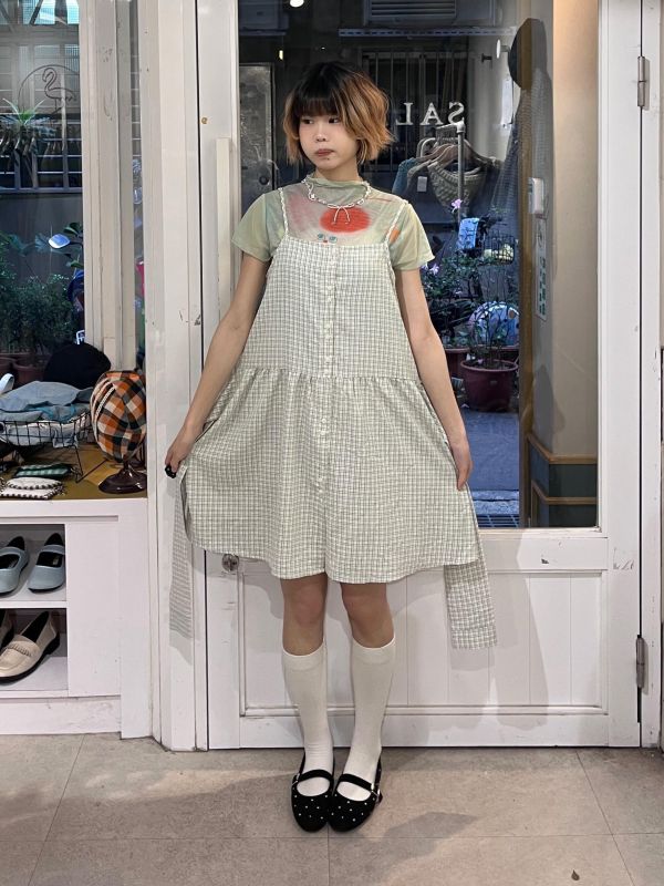 側綁帶格紋排扣吊帶背心裙 