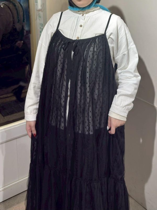 波點紗綁帶吊帶長版罩衫 