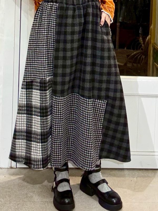 毛呢格紋拼接傘狀裙 