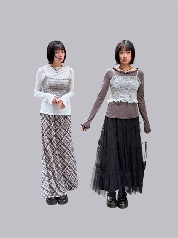 兩件式木耳邊滾邊上衣+抓皺紗質背心 