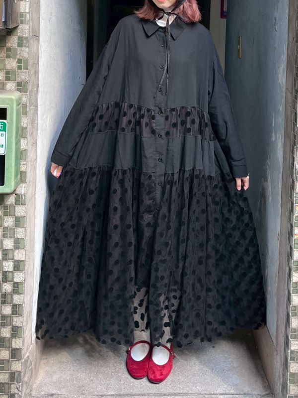 圓點紗拼接長袖洋裝 