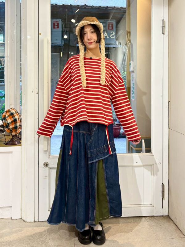 紅白條紋下擺垂繩長袖上衣 