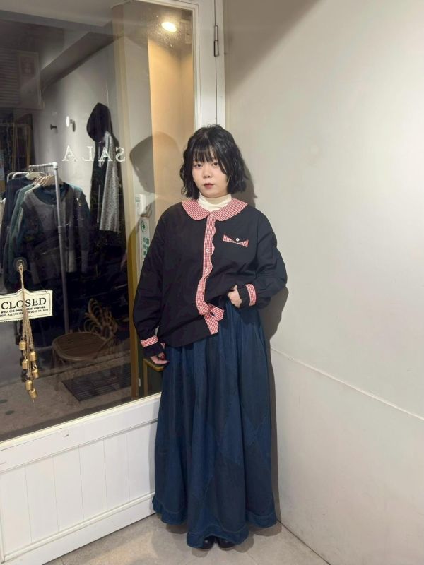 大格紋拼接荷葉下擺鬆緊腰傘裙 