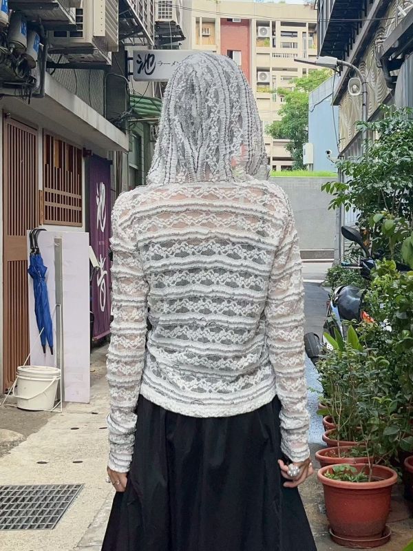 唯美蕾絲連帽雙拉鏈長袖外套 