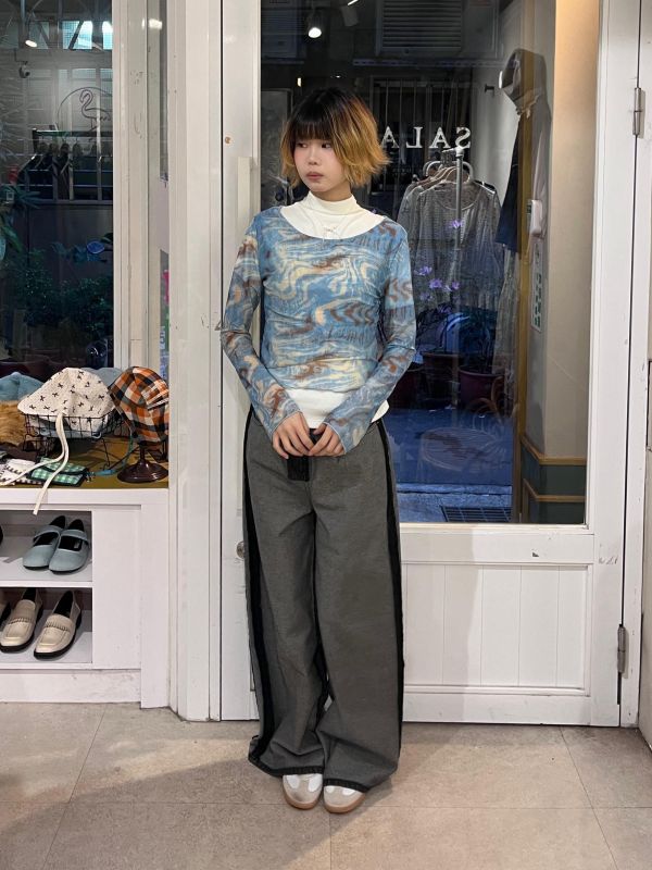 油畫渲染雙層透膚長袖上衣 