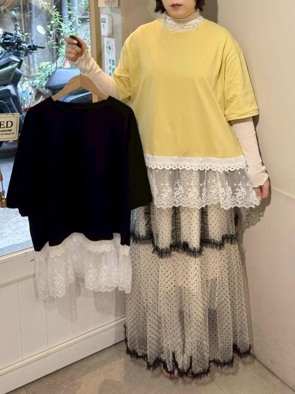 下擺蕾絲拼接短袖上衣 