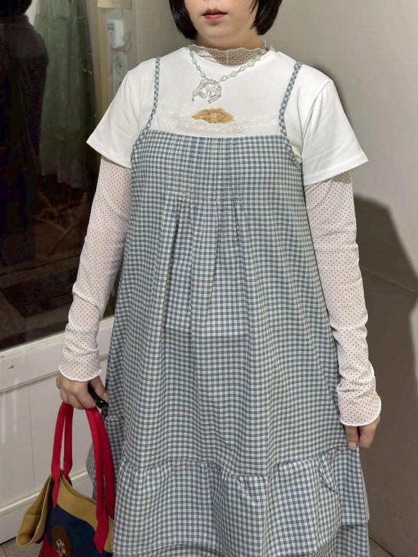 蕾絲拼接打摺雙層蛋糕下擺吊帶背心 