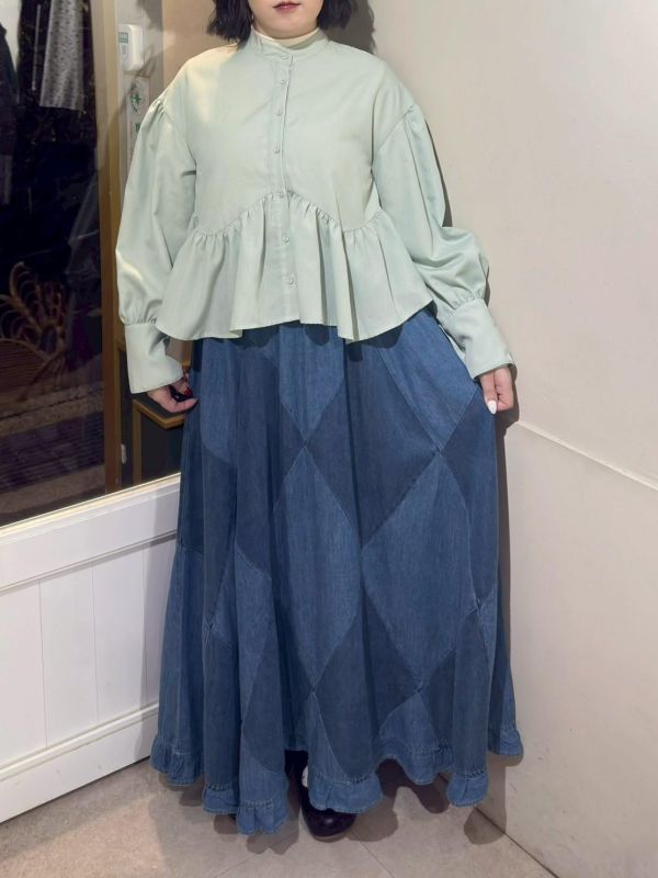 大格紋拼接荷葉下擺鬆緊腰傘裙 