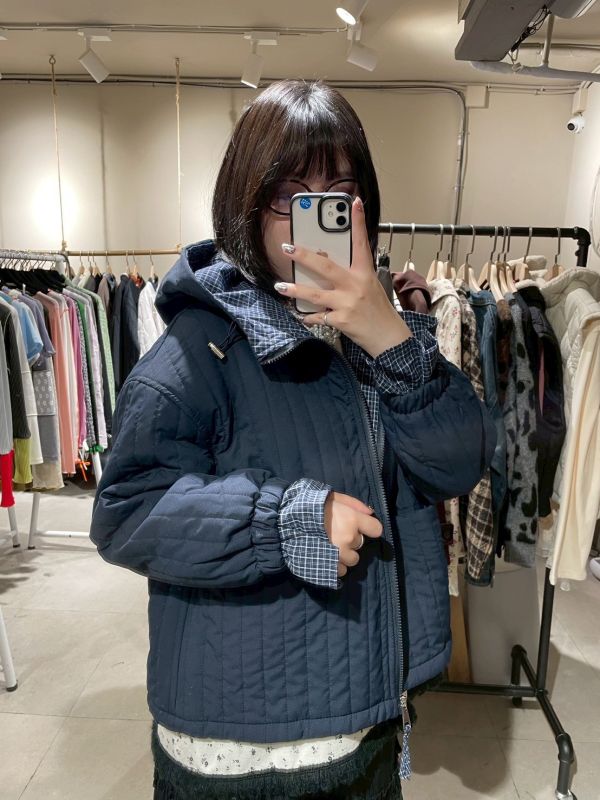 假兩件格紋滾邊袖口抽繩連帽外套 