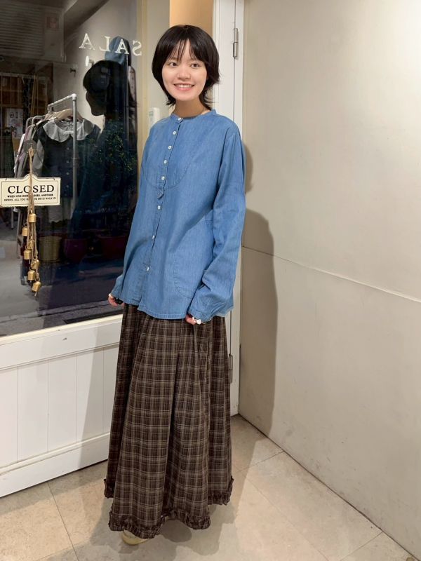 排扣中山領雙側口袋長袖襯衫 