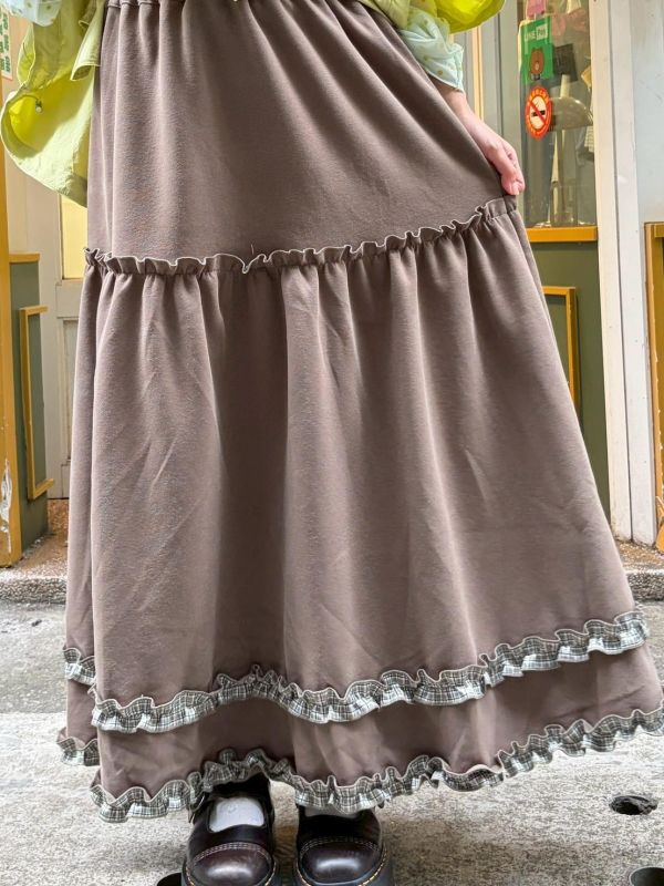 厚布格紋滾邊鬆緊腰長裙 