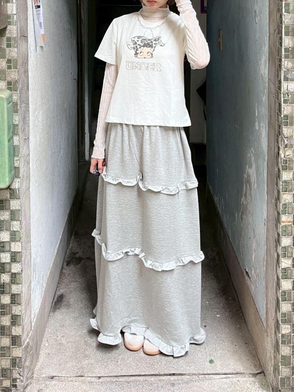 棉質滑面木耳花邊長裙 