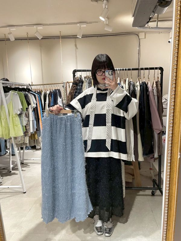 立體絨毛鬆緊腰長裙 