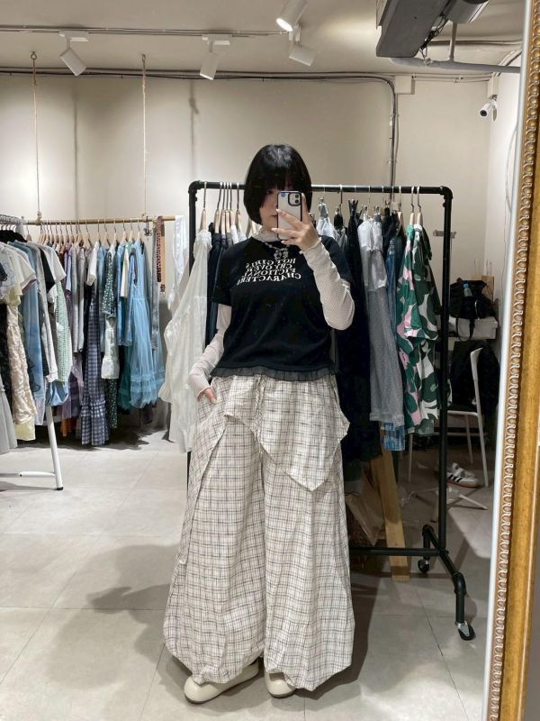 不對稱造型抽繩格紋氣球褲 