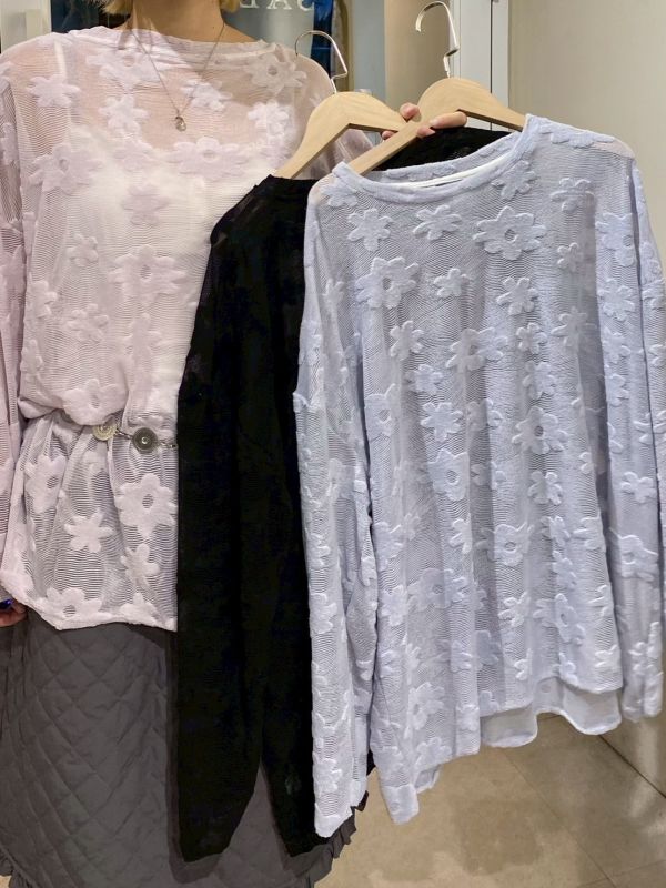 立體絨滿版花花透露長袖上衣 